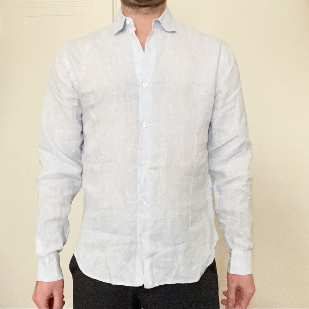 Orlebar Brown Giles Linen Riviera/White Tailored-Fit Shirt Size Small